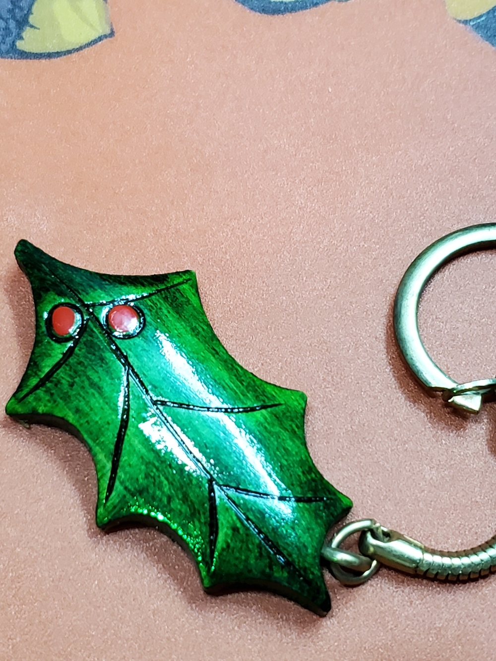 Vintage Handmade Green Holly Leaf Keychain - Holiday Home Accent